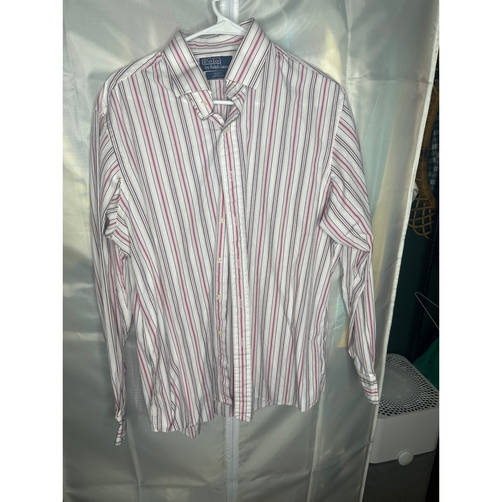 Polo Ralph Lauren Regent Custom Fit Striped Shirt Mens 17 XL Pink White Black